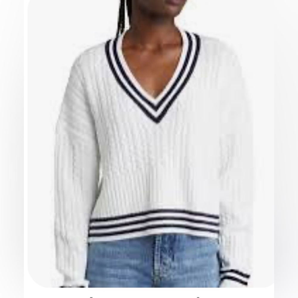 French connection v - neck White Cable Knit Sweater with Navy Stripes trim XS